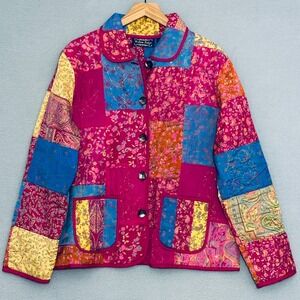 VTG Patchwork Womens Jacket L Pink Blue Silk Floral Boho Country Cottage Grandma